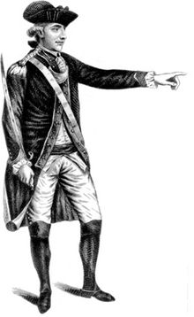 A black and white full length portrait of Andr.  He wears a uniform, dark jacket over white pants and shirt, with dark boots, and a three-cornered hat. His right hand holds a sword upright by his side, and his left arm is extending, pointing forward.