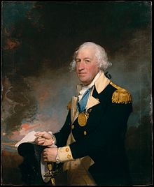 A three-quarters length oil portrait of Gates against a neutral dark background. He is wearing a general's uniform, blue jacket with gold facing and gold epaulets.  He is holding a sword in one hand and a paper in the other.  His hair is white and has been tied back.